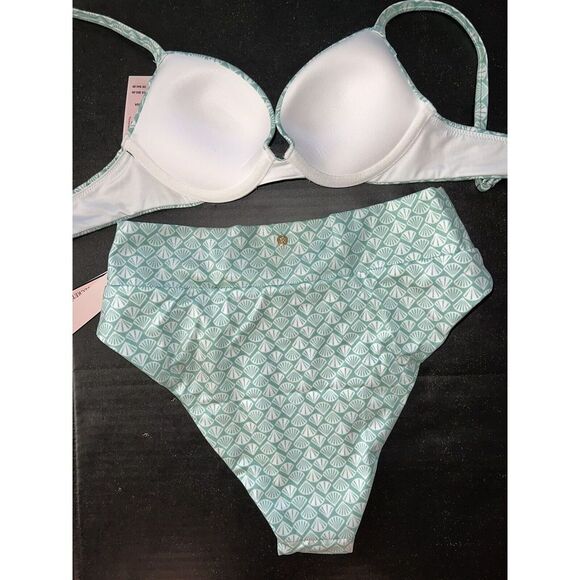Victoria's Secret 32A BIKINI S high-Waist BOTTOM+COOLER BAG+HAT TEAL GREEN SHELL - Picture 6 of 8